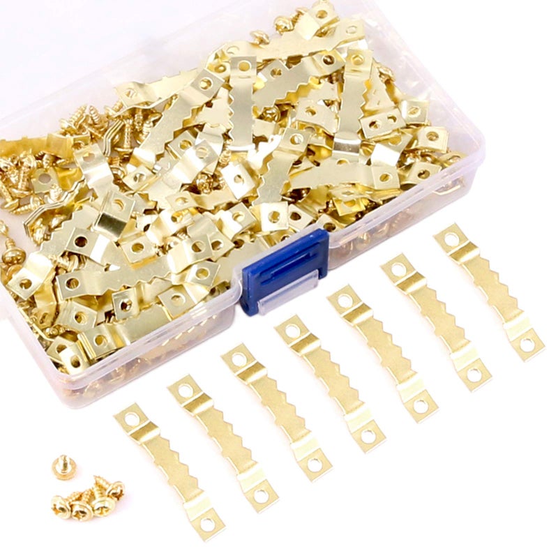 Rustark 120Pcs Golden Stainless Steel Sawtooth Picture Hangers Frame Hanging Hangers Double Hole with Screws for Picture Painting Frame Cross-Stitch - Image 1